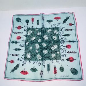 Faith Austin Handkerchief Fan Oriental Lantern Asian Green Pink Vintage Hankie